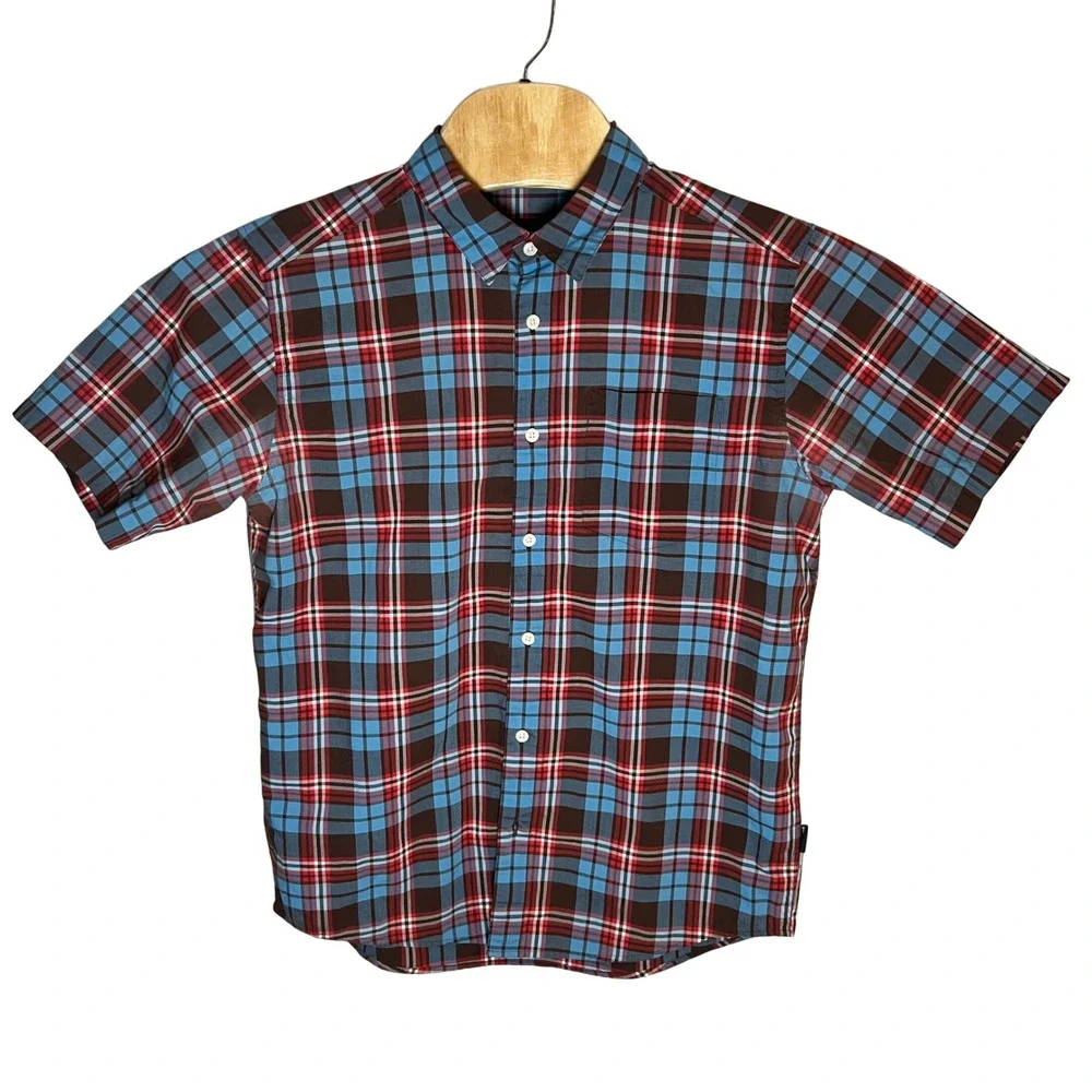 Patagonia Button Down Mens M Blue Red Plaid Short Sleeve Organic Cotton Shirt - Picture 2 of 8